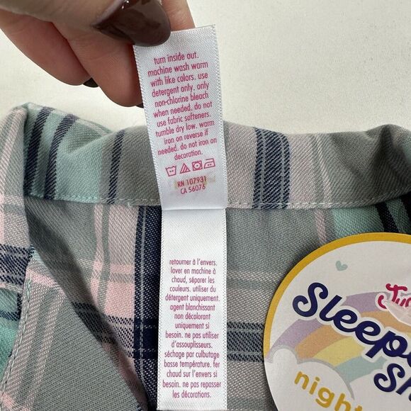 NWT Justice Blue Pink Plaid Button Front Pajama Night Shirt Dress L/S Flannel 8 - Picture 7 of 9